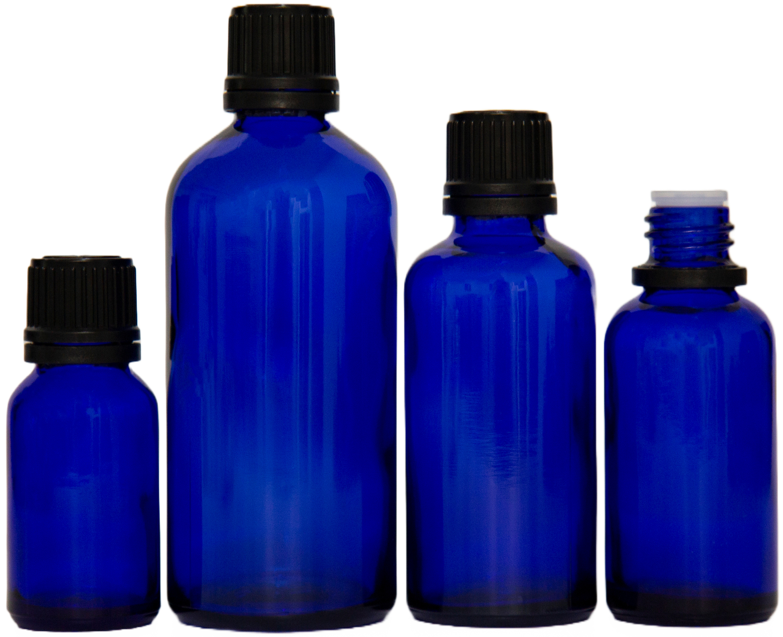 Cobalt Blue Glass Bottle With Reducer And Black Cap